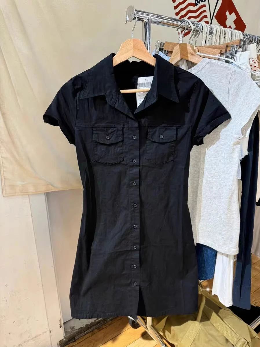 Black Pockets Blouse Shirt Dresses Women New Turn Down Collar Single Breasted Short Sleeve Vestidos Sweet Vintage Y2K Mini Dress