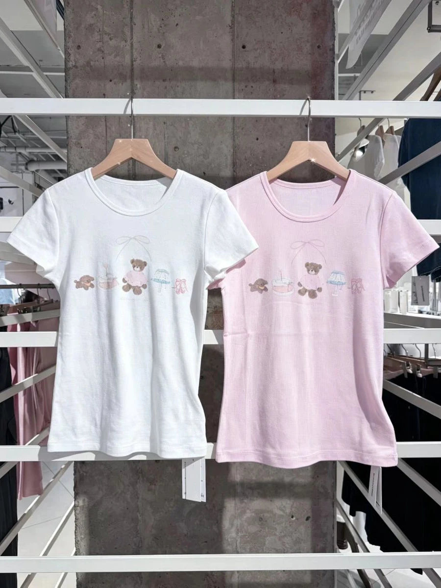 Cartoon Print Slim T-shirts Woman Summer Casual O-neck Cotton Short Sleeve T-shirts Female Cute Sweet Preppy Style Tee Tops y2k