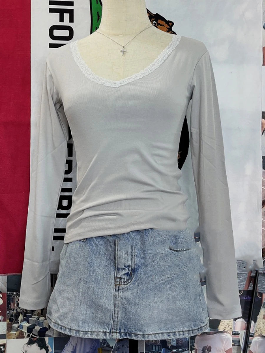 Sweet Lace Trim Ribbed Long Sleeve Tees Women New Cotton Slim Solid V-neck Tops Clothes Female Vintage Cute Chic T-shirts Y2K