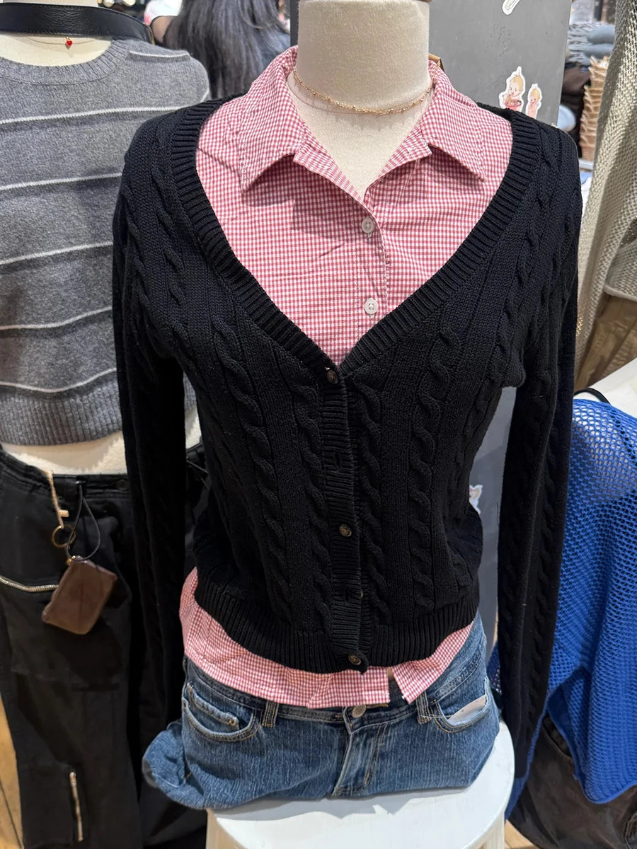 Gray Twist Cardigan Women Spring Streetwear Fashion V-neck Slim Long Sleeve Jumper Tops Vintage Simple Basic Sweaters Coats Y2K