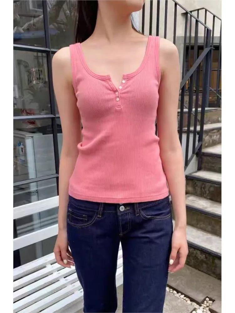 Ribbed Button Tank Tops Women Summer Casual Streetwear Slim Cotton Sleeveless Vests Female Vintage Simple Basic Vest Y2K