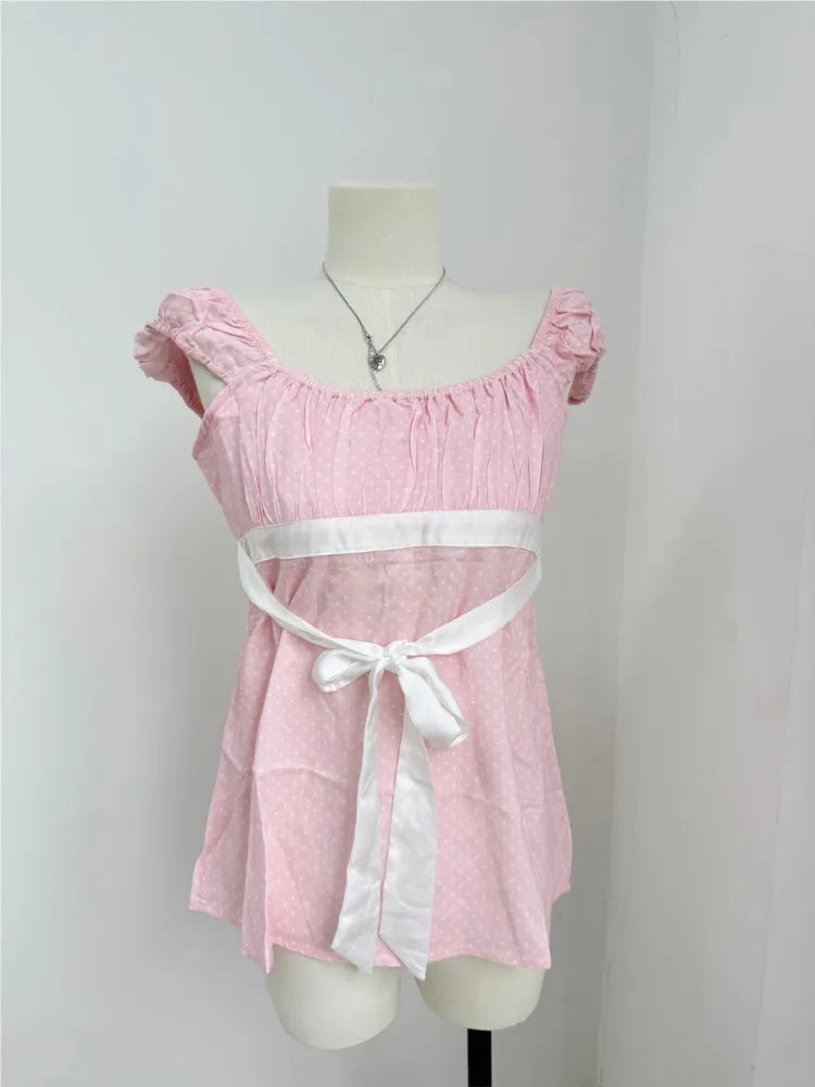 Pink Polka Dot Babydoll Top Women Summer New Casual Slim Lace-up Square Collar Tee Tops Sweet Vintage Preppy Style T-shirts Y2K