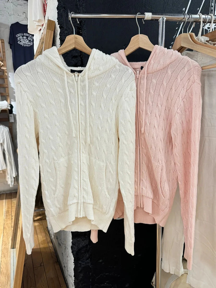 Simple Solid Twisted Flower Knit Cardigan Sweater Women Autumn Long Sleeve Pocket Hooded Zipper Coat Sweet Preppy Style Knitwear