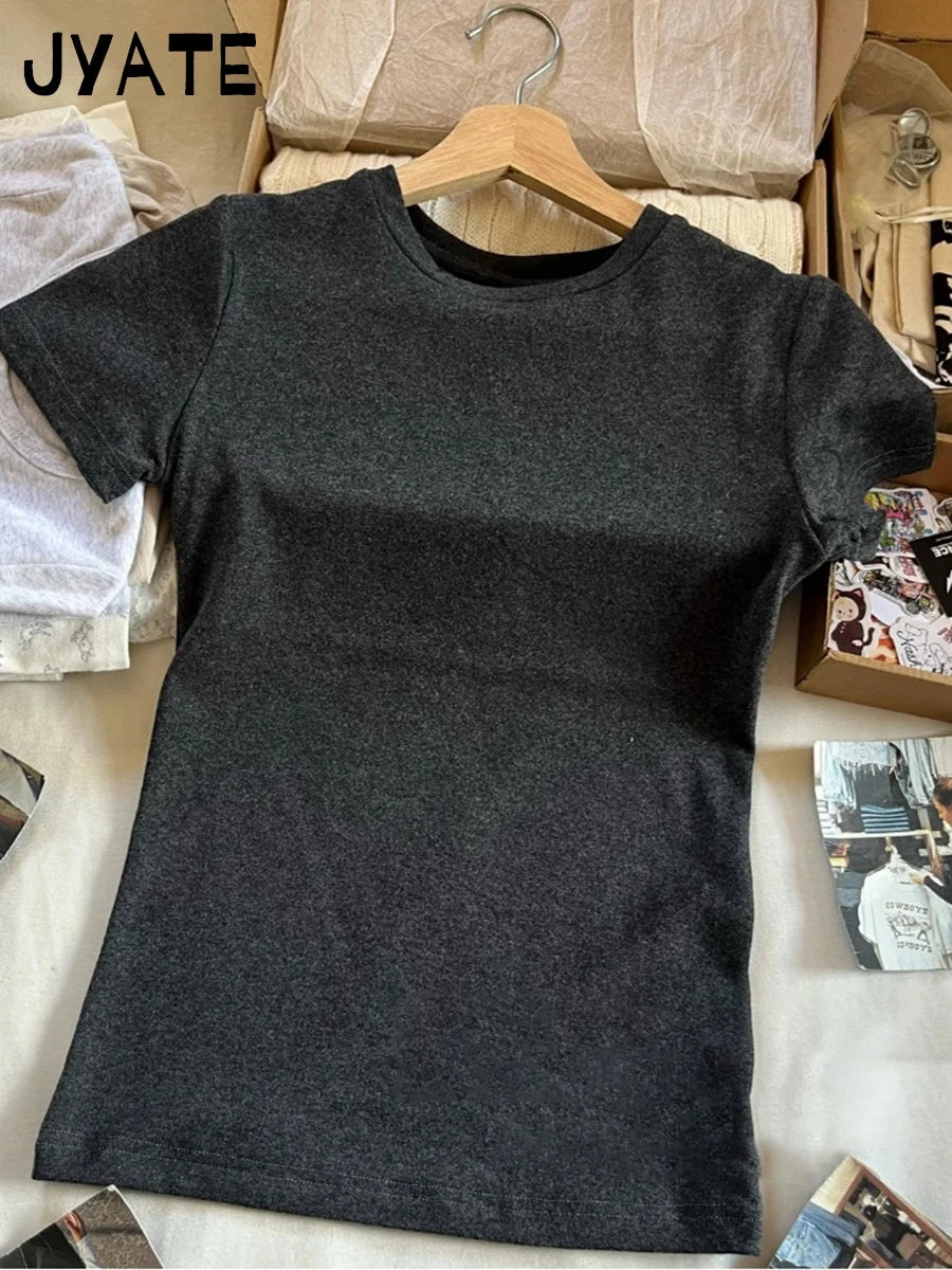 Basic Gray Cotton Soft T-shirts Women Summer New Casual Slim Simple O-neck Short Sleeve Tees Sweet Chic Preppy Style Tops Y2K