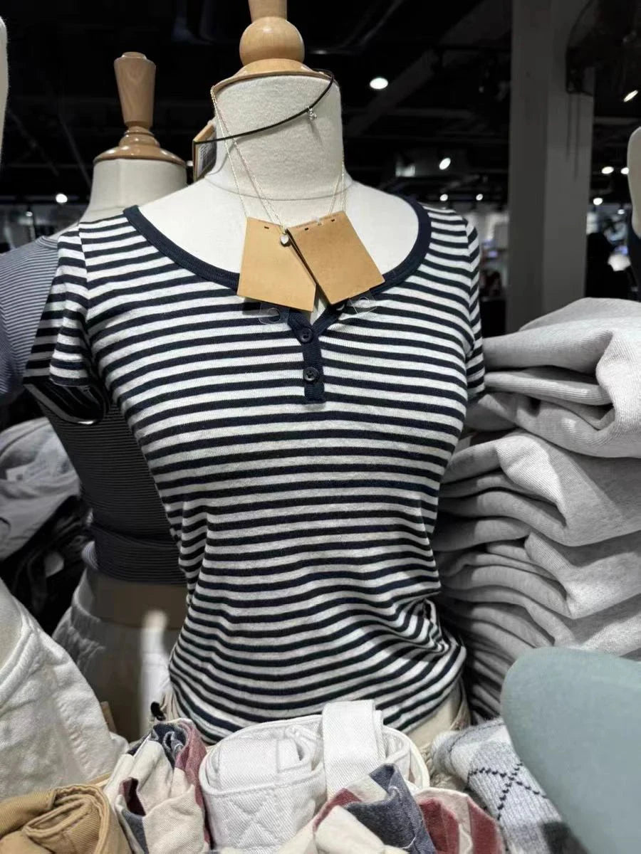 Pink Striped Slim Buttons T-shirts Women New Cotton O-neck Casual Simple Basic Short Sleeve Tees Sweet Cute Girls Tshirt Y2K Top