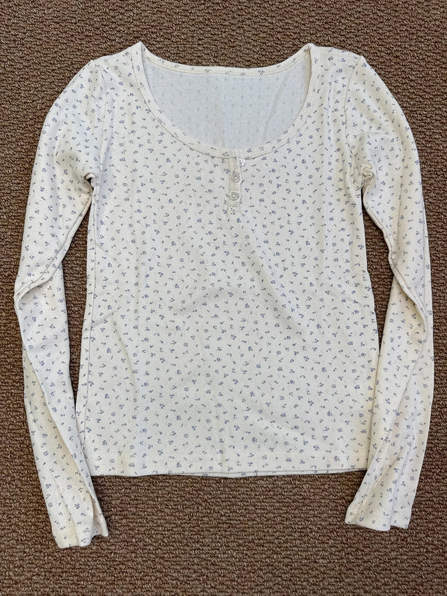 Floral Zelly T-shirts Women Spring Casual Simple Cotton Soft Button Long Sleeve Tees Sweet Cute Preppy Style Tshirt