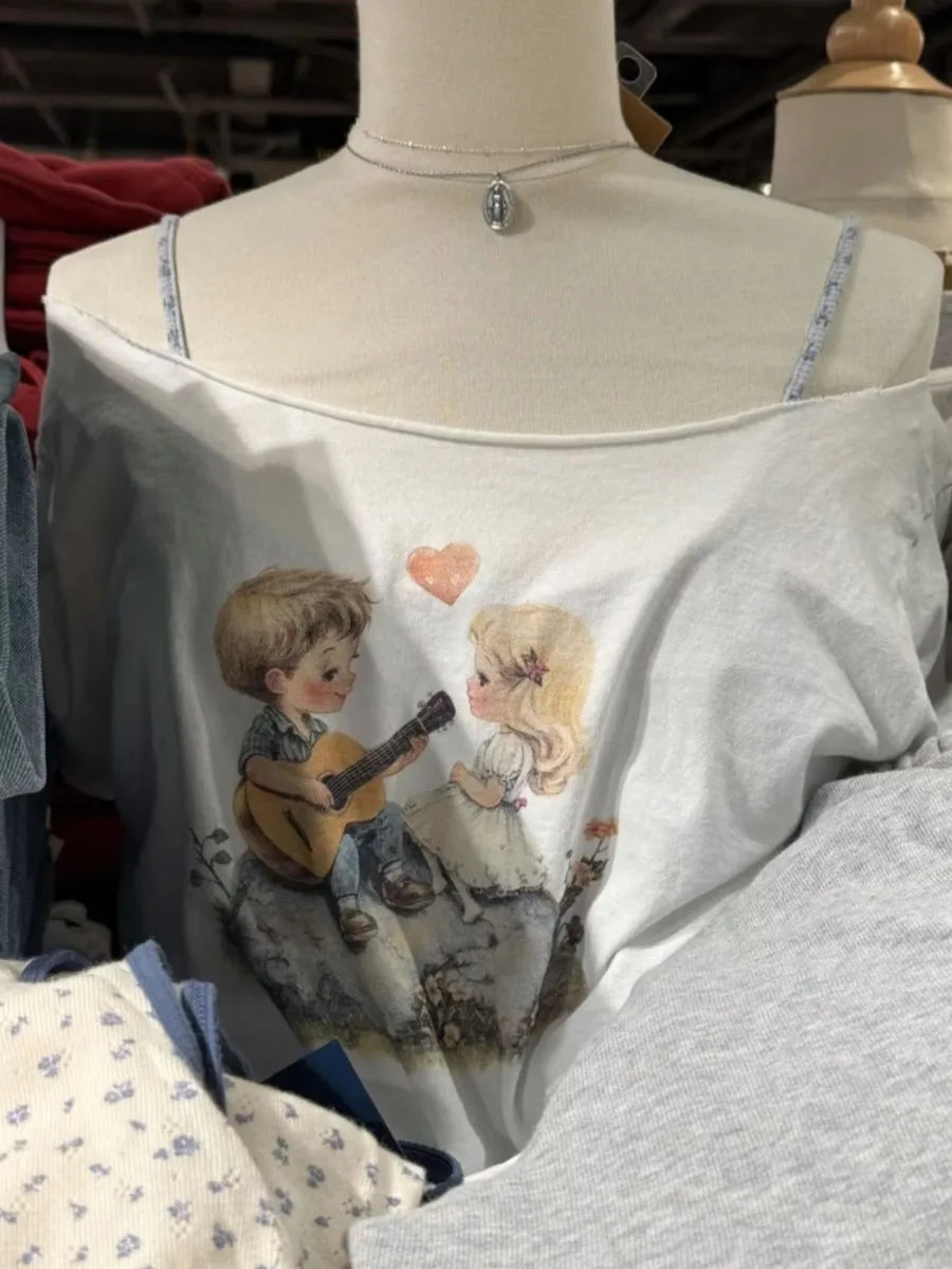 Guitar Print Slash Neck Crop Tops Women Summer New Streetwear Cotton Slim Raw Hem Short Sleeve Tee Sweet Vintage Cute T-shirts