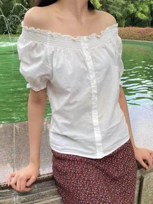 White Fungus Short Sleeve T-shirts Women Summer New Casual Streetwear Buttons Tees Female Elegant Sweet Cute Tshirt Y2K Tops