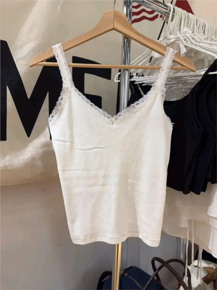 White Lace Trim Slim Tank Top for Woman Summer V-neck Cotton Crop Tops Female Casual Sweet All-match Preppy Style Camisole y2k