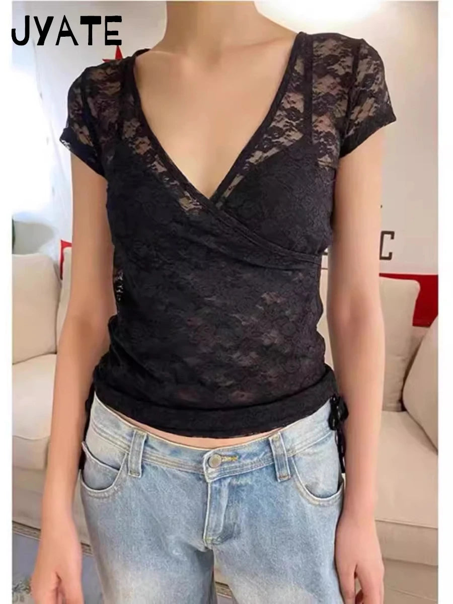 Harajuku Jacquard Transparent Crop Tops Women Summer Bow Lace Mesh V Neck Lace -up Short Sleeve Tee Sweet Slim Thin T-shirts Y2K