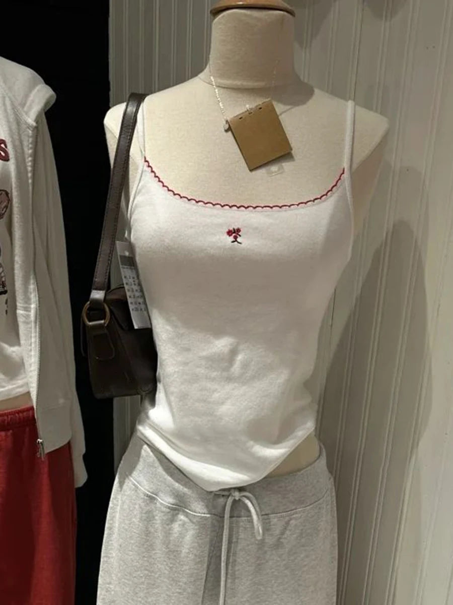 Sweet Floral Embroidery Lace Trim Camisole Women Spring Slim Sleeveless Cotton Tank Top Cute Preppy Style Chic Vest Y2K Tops New