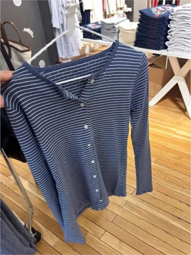 Blue White Striped Eyelet T-shirt Women O-neck Single Breasted Cotton Long Sleeve Tee Cute Sweet Preppy Style Slim Tops Tshirt
