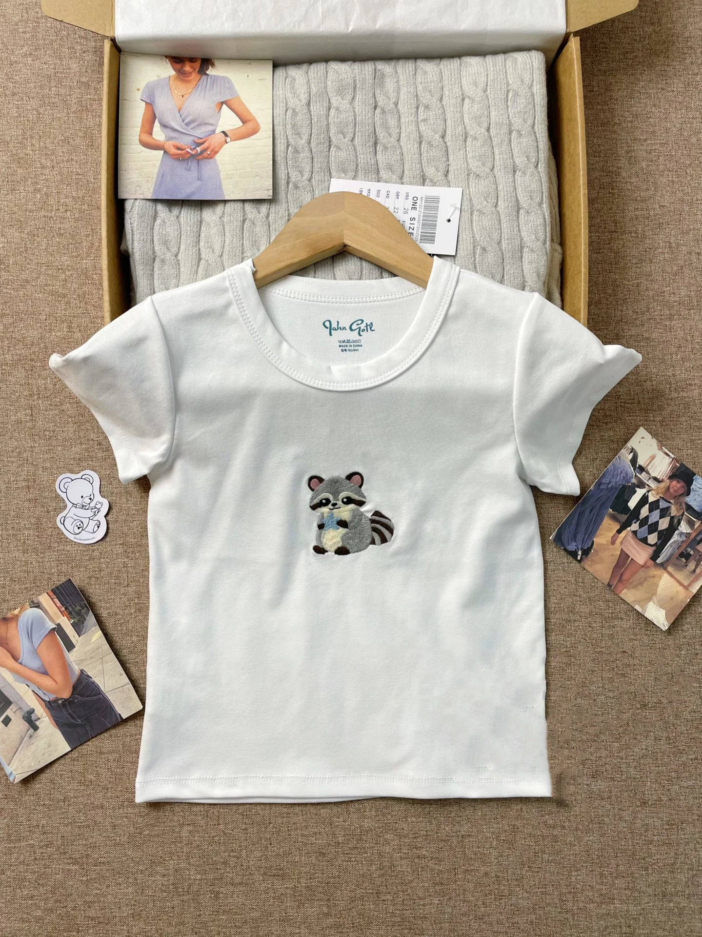 Cute Koala Embroidery Crop Tops Women Summer Casual Slim Cotton Cropped Short Sleeve Tees Female Sweet Preppy Style T-shirts Y2K