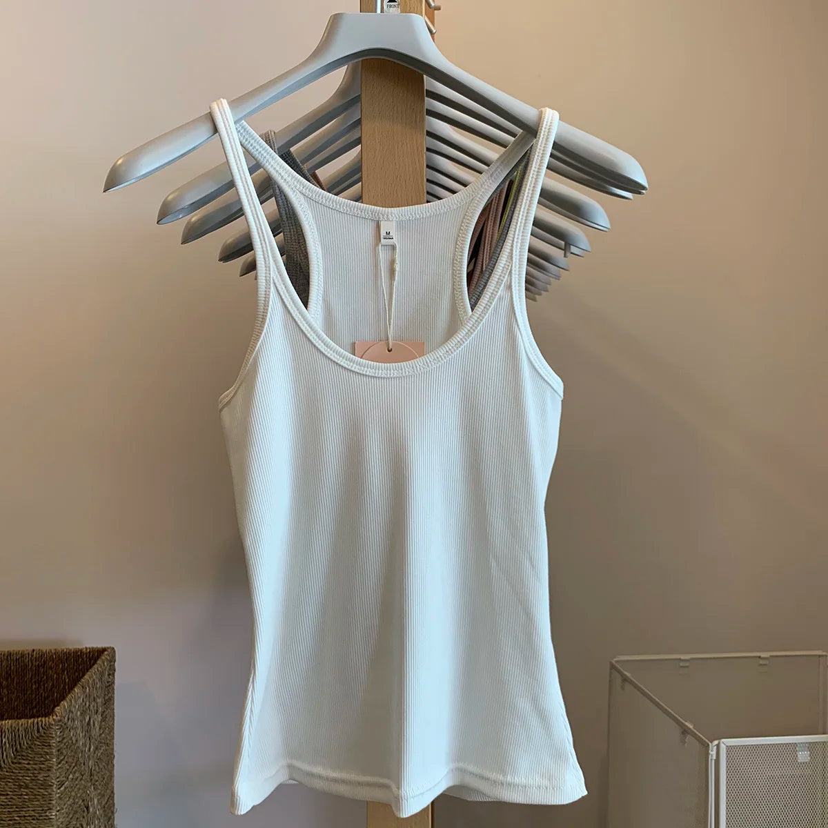 Vintage Solid Ribbed U-neck Tank Tops Women Summer New Streetwear Basic Sleeveless Vests Sweet All-matchCasual Slim  Camisole