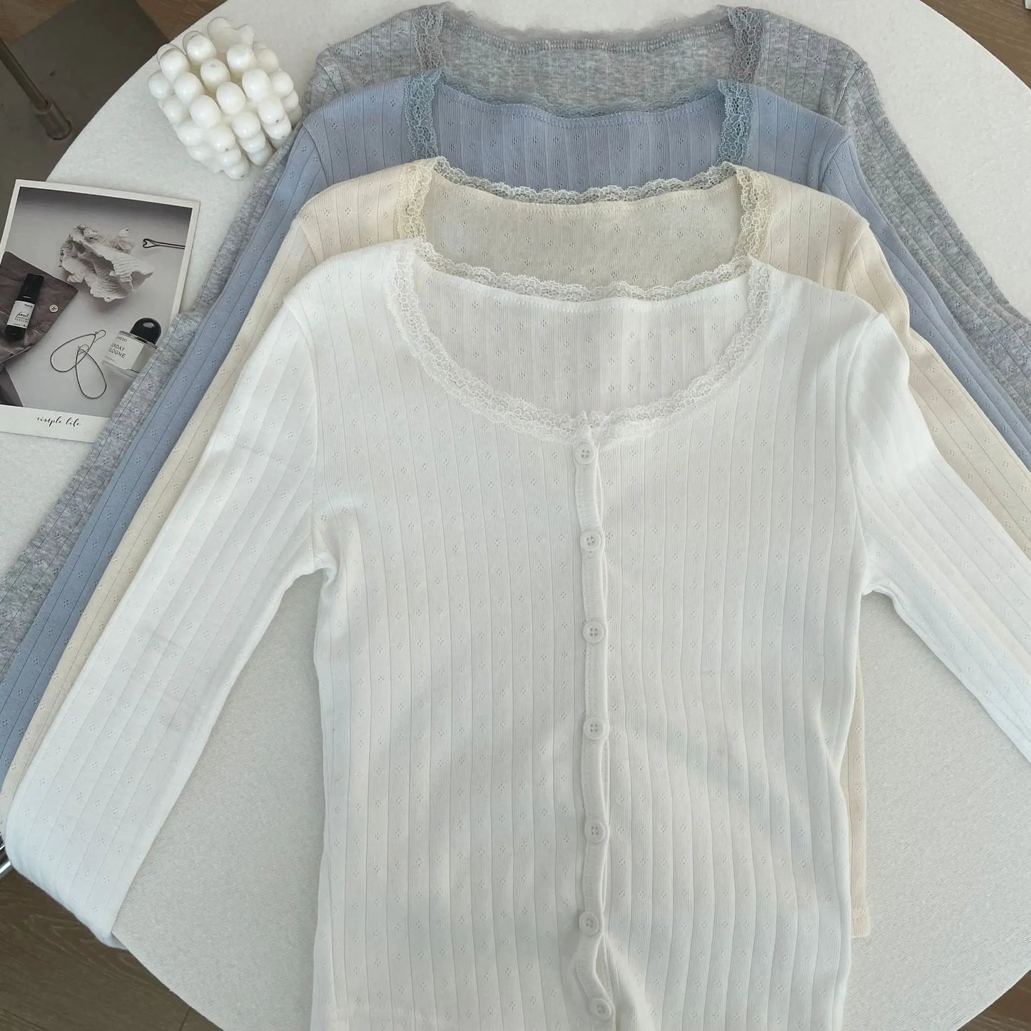 Eyelet Lace Trim Buttons Long Sleeve Tees Women New Cotton Soft Casual Solid Simple Top shirts Sweet Preppy Style Cute T-shirts