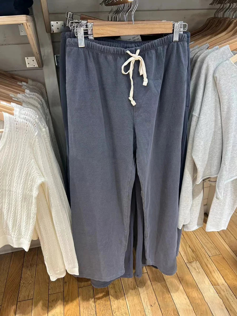 Red Drawstring Straight Sweatpants Women Autumn High Waist Cotton Wide Leg Pants Vintage Streetwear Casual Sports Trousers New