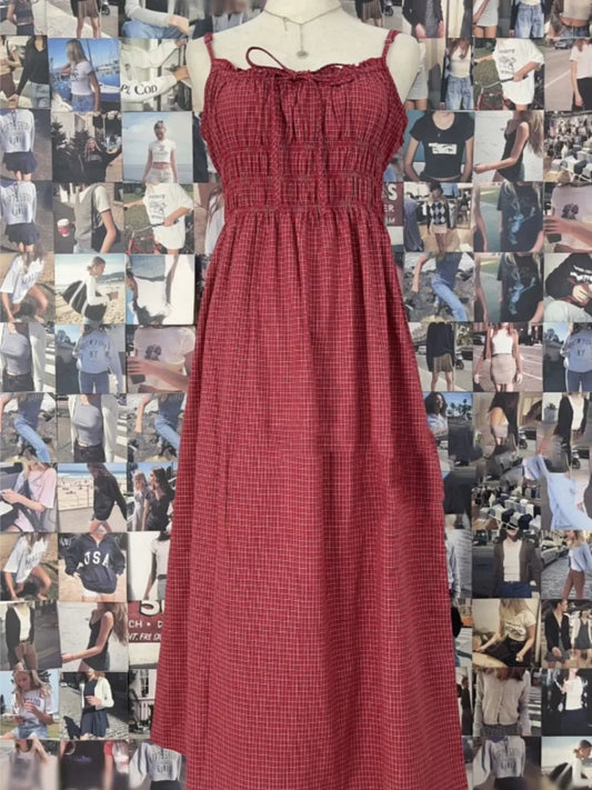 Retro Red Plaid Ruffles Camisole Dress Women High Waist Backless Lace-up Sleeveless Long Dresses Vintage Cute Sweet Y2K Vestidos
