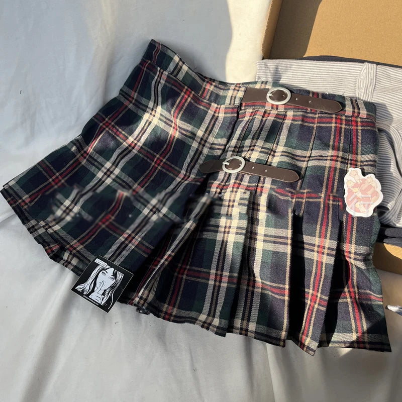 Vintage Preppy Plaid Low Waist Mini Skirt Women Streetwear Aestjetic Chic Sexy Buckle Pleated Skirts Retro Sweet Cute Faldas Y2K