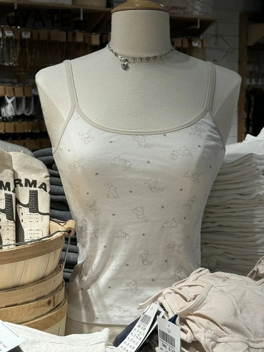 Sweet Rabbit Print Patchwork Tank Tops Women New Casual Cotton Preppy Style Cropped Sleeveless Vests Girl Cute Vintage Camis Y2K
