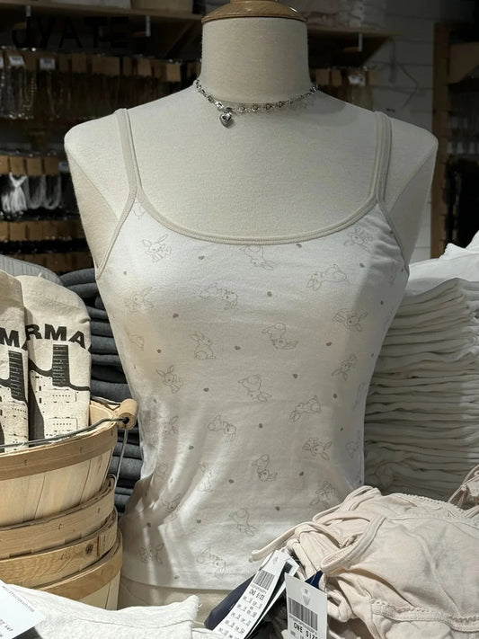 Sweet Rabbit Print Patchwork Tank Tops Women New Casual Cotton Preppy Style Cropped Sleeveless Vests Girl Cute Vintage Camis Y2K