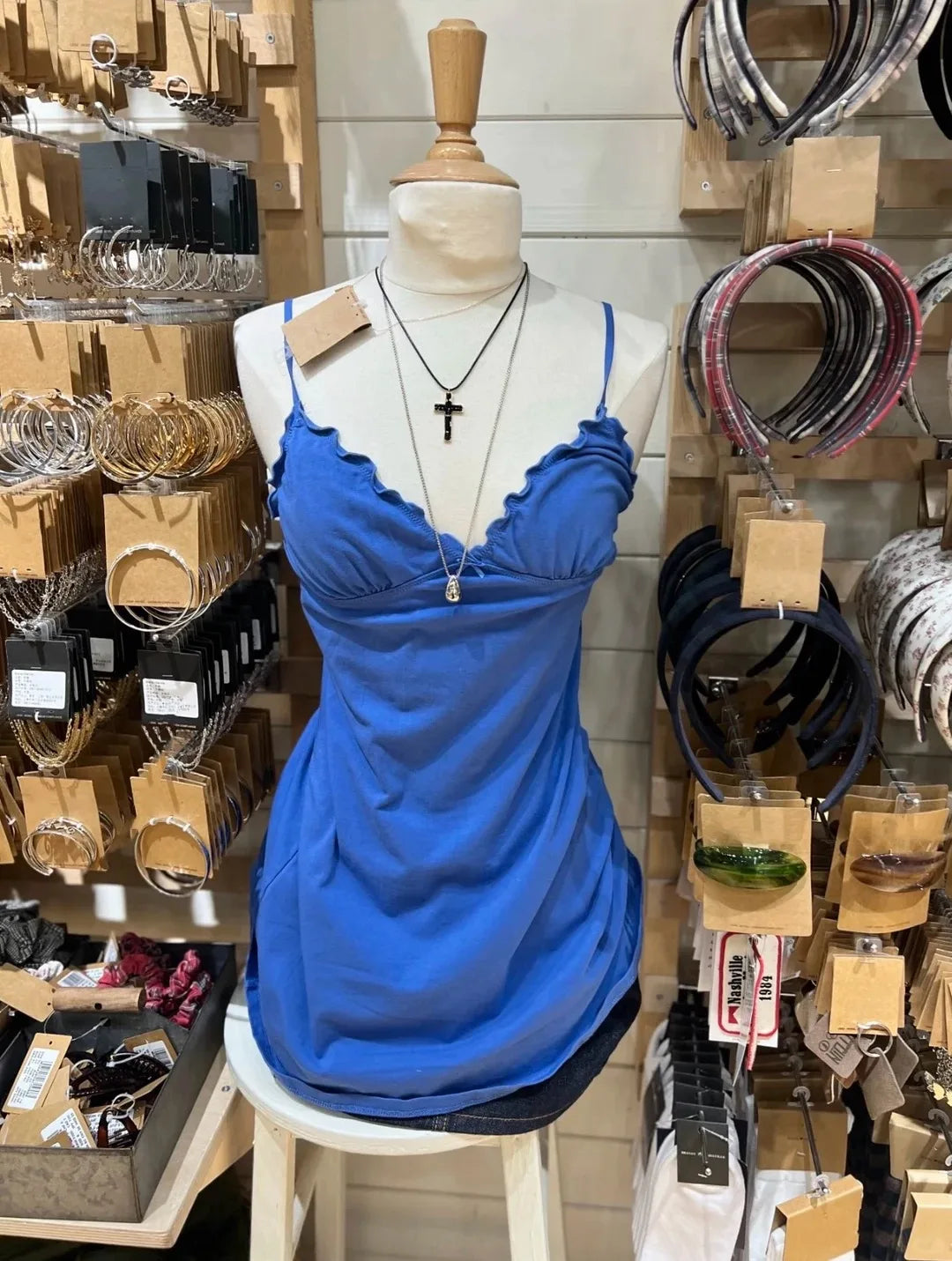 Electric Blue Ruffle Dress Women Summer Casual Slim V-neck Cotton Dresses Sweet Preppy Style Sleeveless Vestidos Y2K