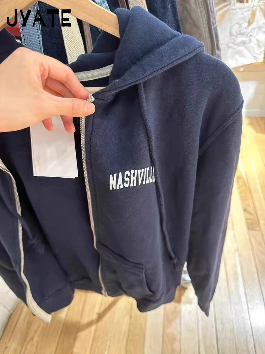 Harajuku Letter Print Zipper Hoodies Women Autumn Casual Pockets Drawstring Hoodie Tops Vintage Loose Chic Y2K Sweatshirts Coat