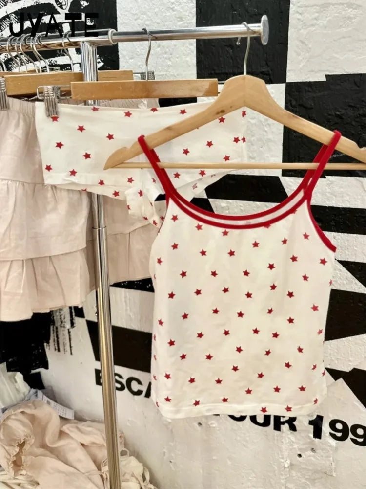 Sweet Red Stars Print Sleeveless Vests Women Summer New Cotton Casual Slim Preppy Style Tank Tops Cute Streetwear Vintage Camis