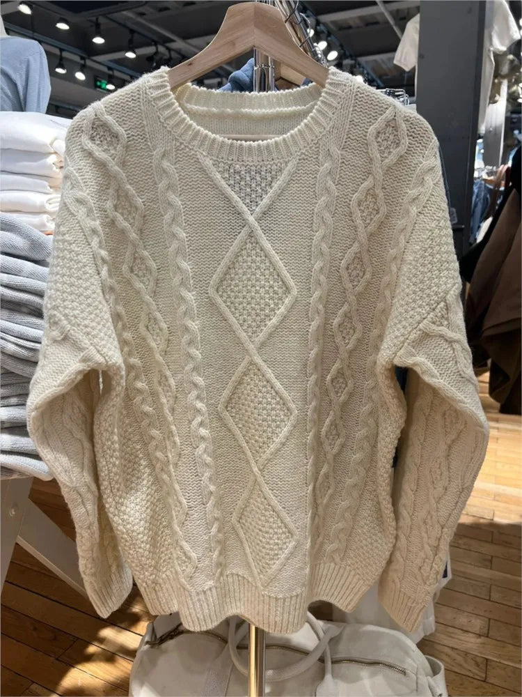 Sweet Beige Twist Flower Knit Sweater Woman Autumn Round Neck Long Sleeve Jumper Casual All-match Pullover Preppy Style Sweaters