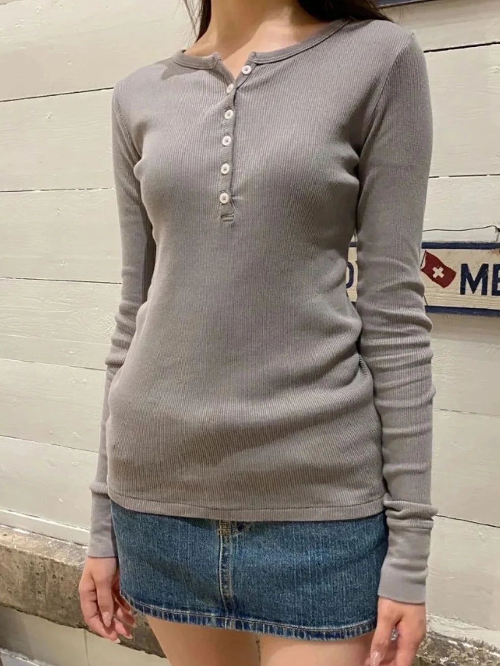 Multiple Colors Basic Long Sleeve Tshirt Autumn O-neck Six Buttons Ribbed Woman's T-shirt Casual Simple Cotton Slim Tee Tops y2k