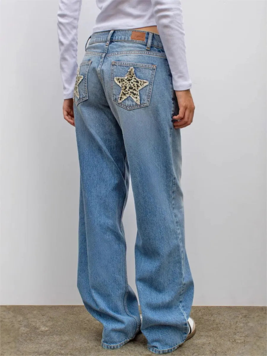 Retro Star Patchwork Jeans Women Summer New High Waist Pockets Straight Denim Pants American Vintage Loose Baggy Trousers Y2K