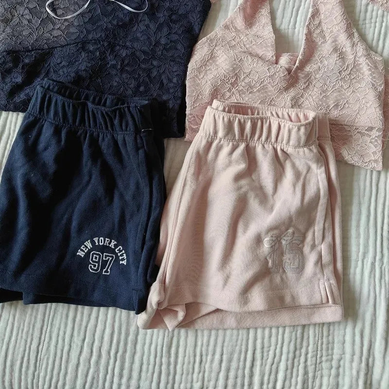 Pink Letter Embroidery Sports Shorts Women New Casual Pockets Drawstring Elastic High Waist Short Cute Sweet Simple Short Pants