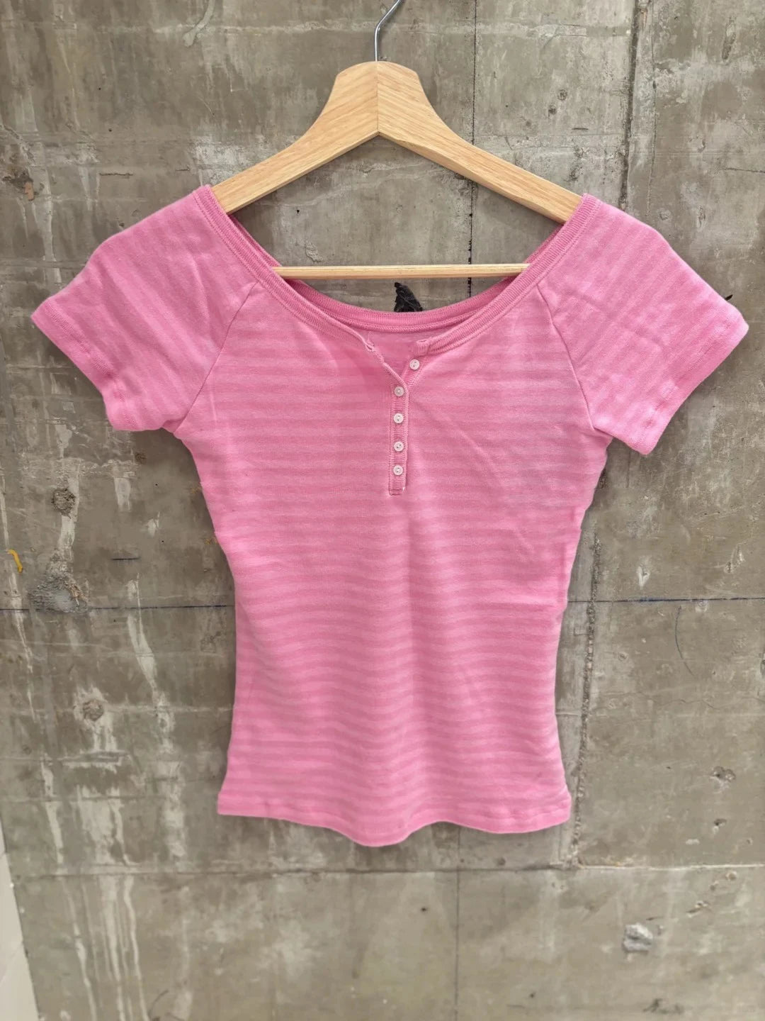 Pink Striped Button T-shirts Women Summer Cotton Slim Preppy Style Cute Crew Neck Short Sleeve Tees Sweet Fashion Y2K Tshirt