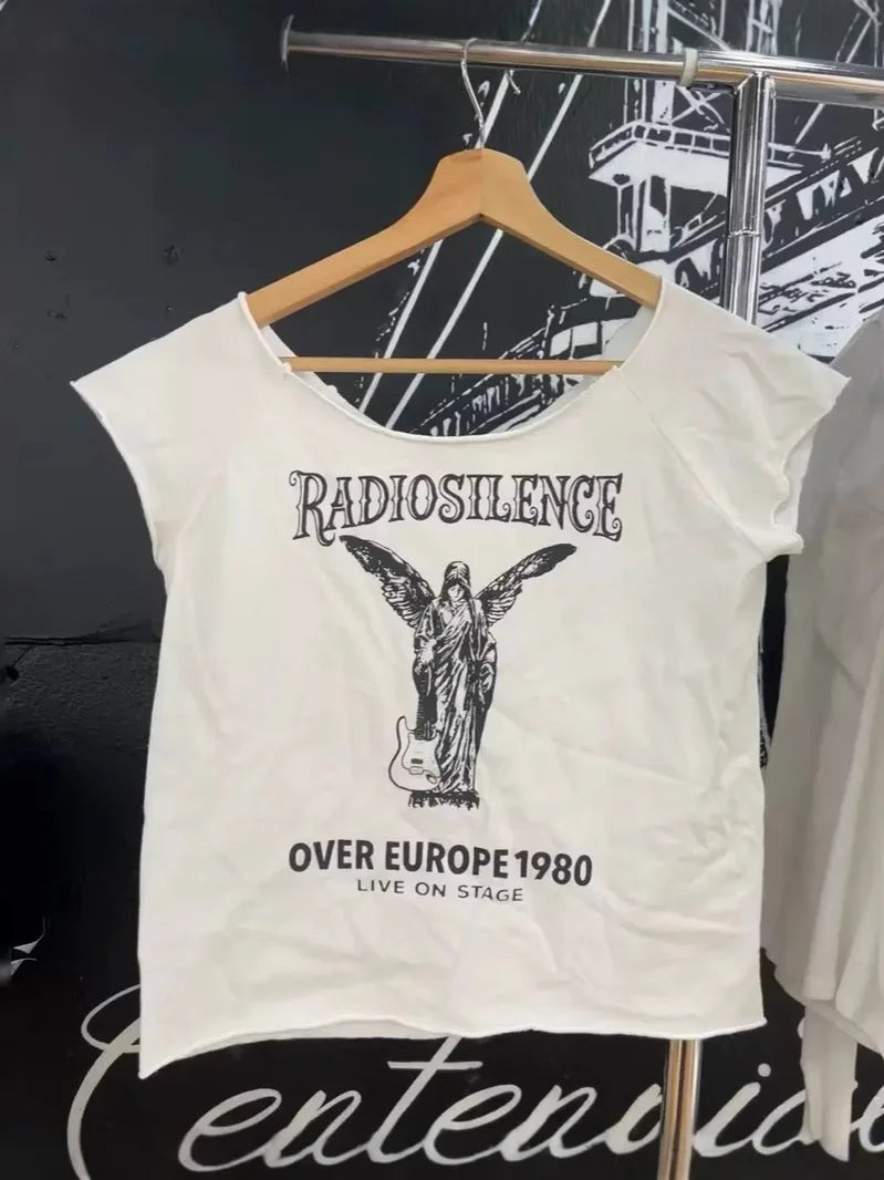 Guitar Print Slash Neck Crop Tops Women Summer New Streetwear Cotton Slim Raw Hem Short Sleeve Tee Sweet Vintage Cute T-shirts