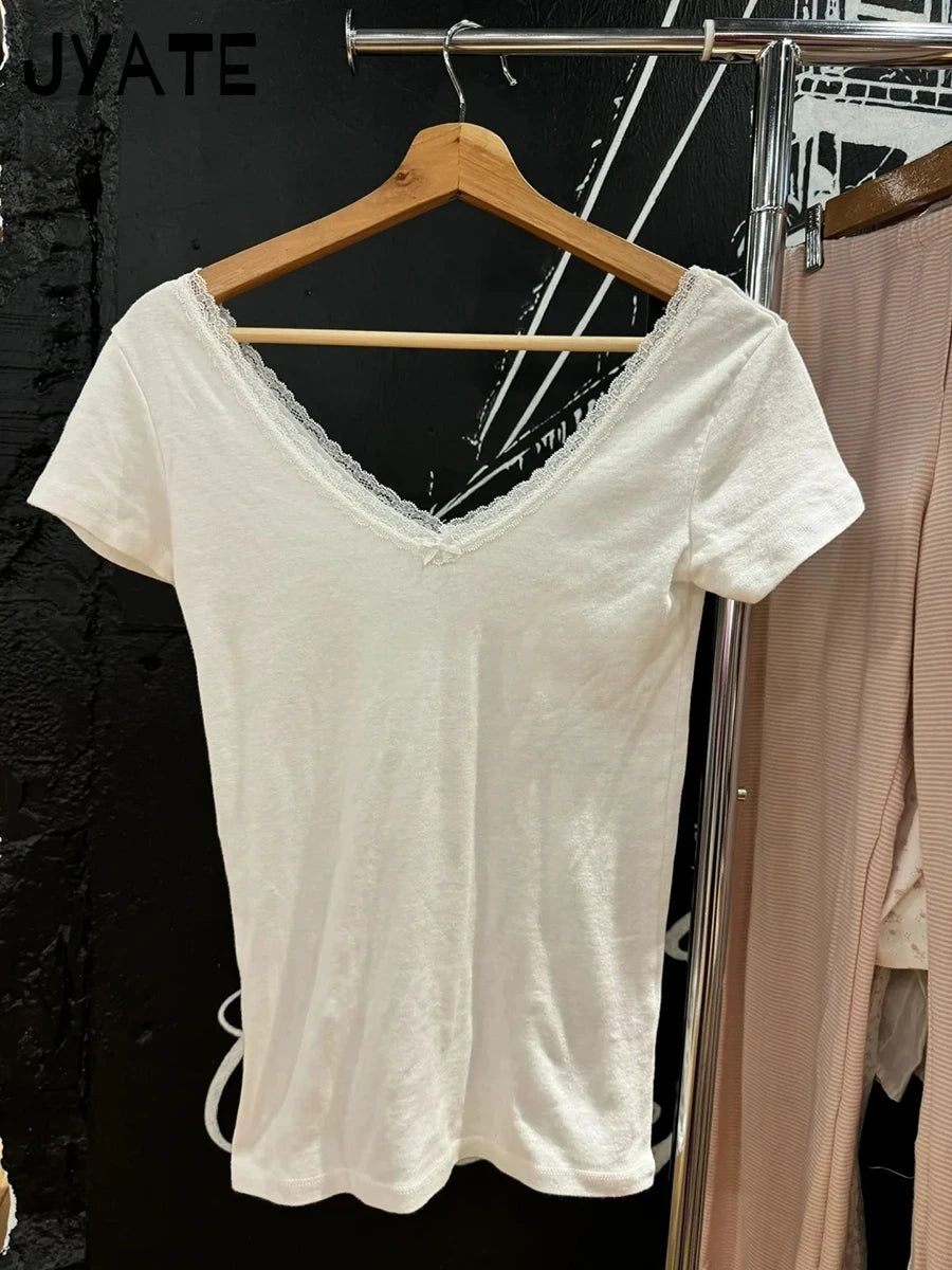 Dark Gray Lace Trim V-neck Short Sleeve Tee Women New Cotton Casual Simple Slim Tops Clothes Vintage Basic Preppy Style T-shirt