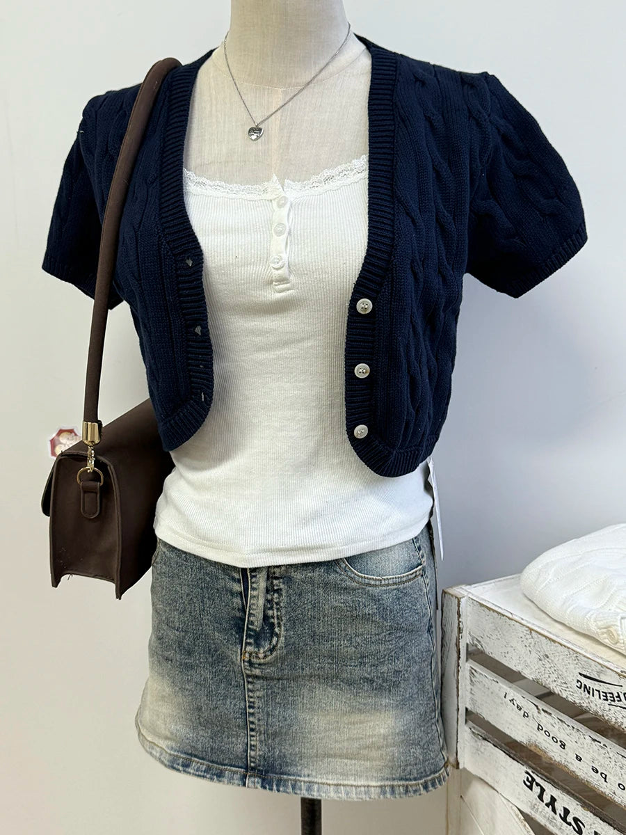 Solid Twist Flower Knitted Cropped Cardigan Woman V-neck Single Breasted Short Sleeve Crop Tops Autumn Sweet Cotton Knitwear New