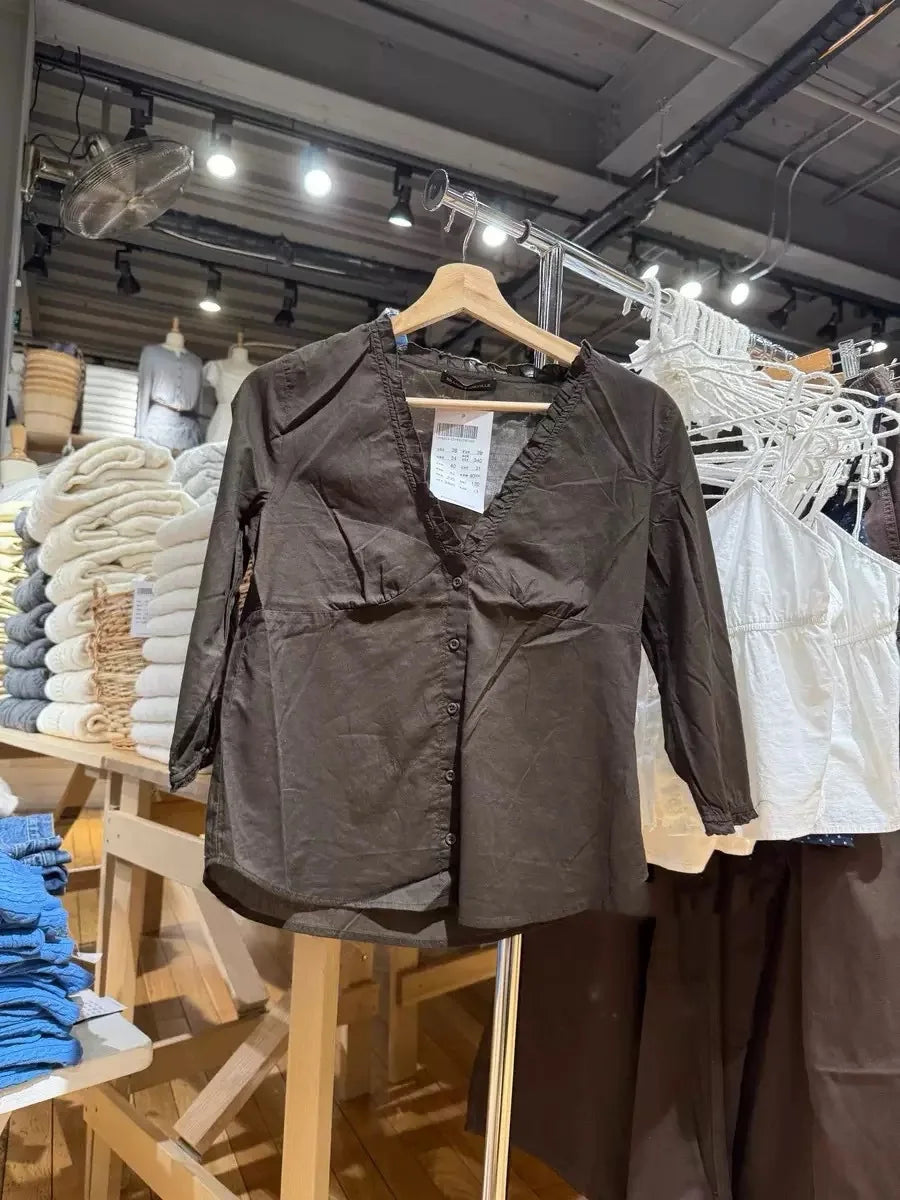 Brown Ruffles Single Breasted T-Shirt Blouse Women Summer V-neck Haft Sleeve Tee Shirts Simple Sweet All-match Thin Tshirts New