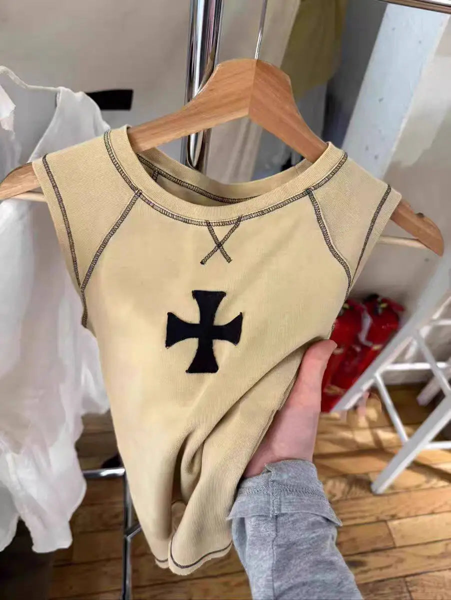 Cross Khaki Tank Tops Women Summer Casual Streetwear O-neck Slim Sleeveless Camisole American Vintage Chic Vests Y2K