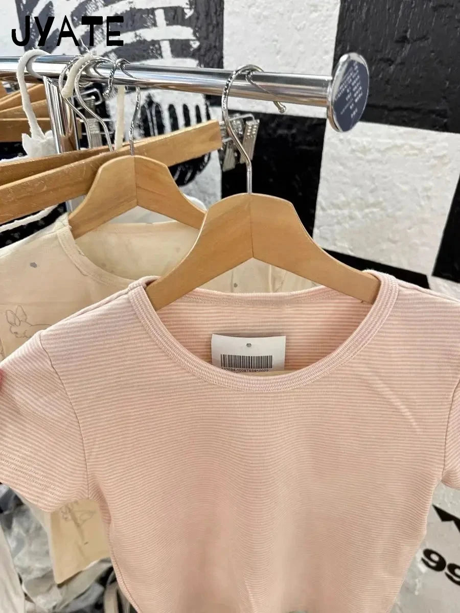 Cute Pink Striped Two Piece Set Women Cotton Slim O-neck T-Shirt With Straight Short Pant Sweet Pajama Tees Shorts 2 Pieces Sets