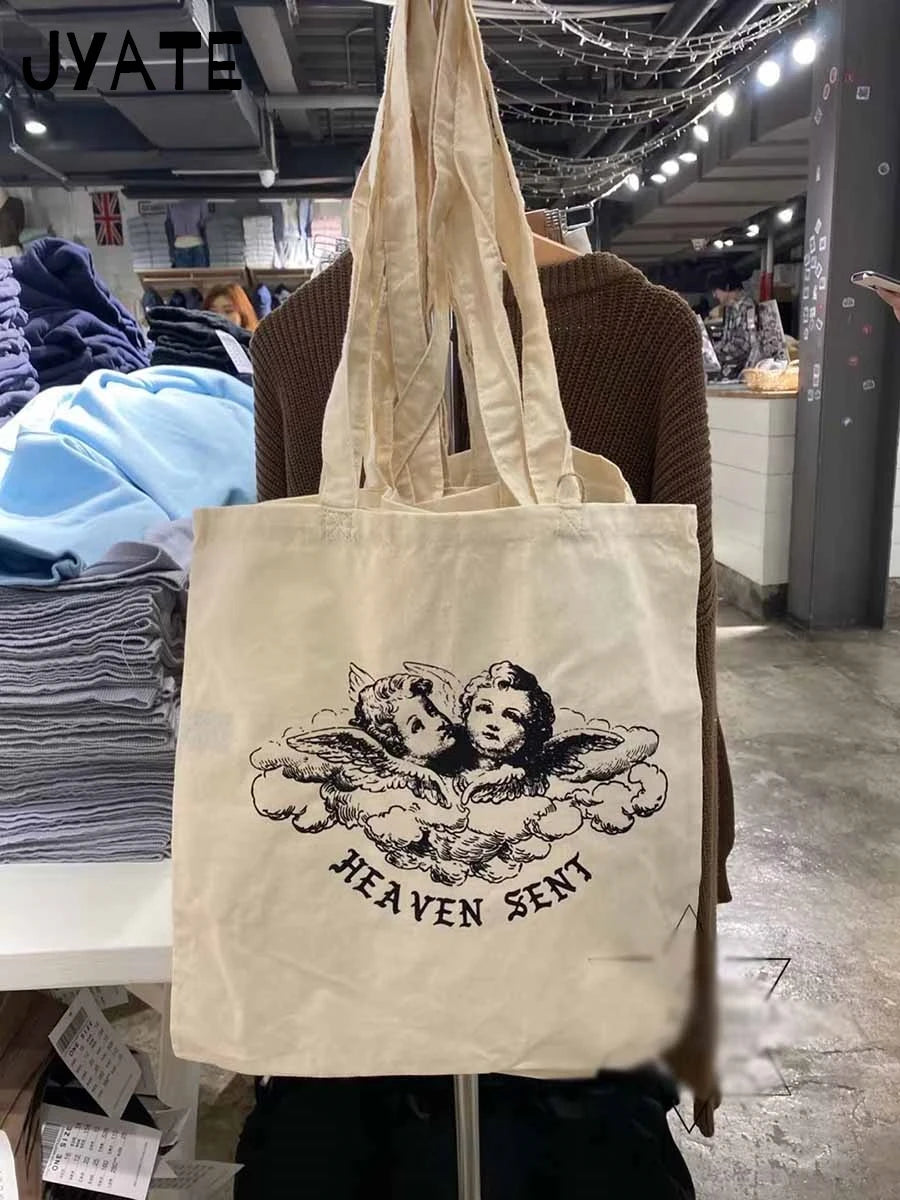 Canvas Cute Cartoon Print Shoulder Bags Female White Simple Large Capacity Messenger Hobo Casual Fashion Women's Crossbody Bag