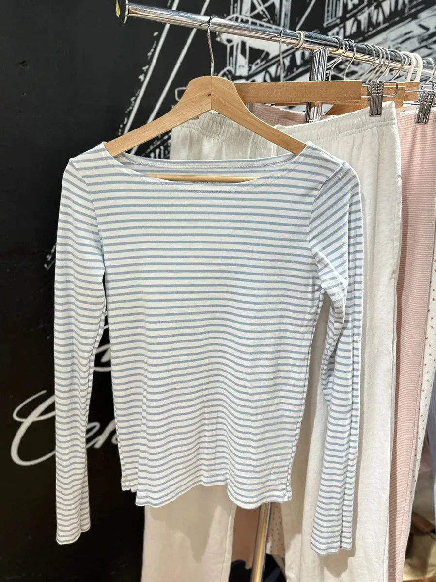 American Vintage Striped Long Sleeve T-shirt Women Autumn O-Neck Soft Cotton Tee Shirt Casual  Streetwear Sweet Y2k Tshirts New