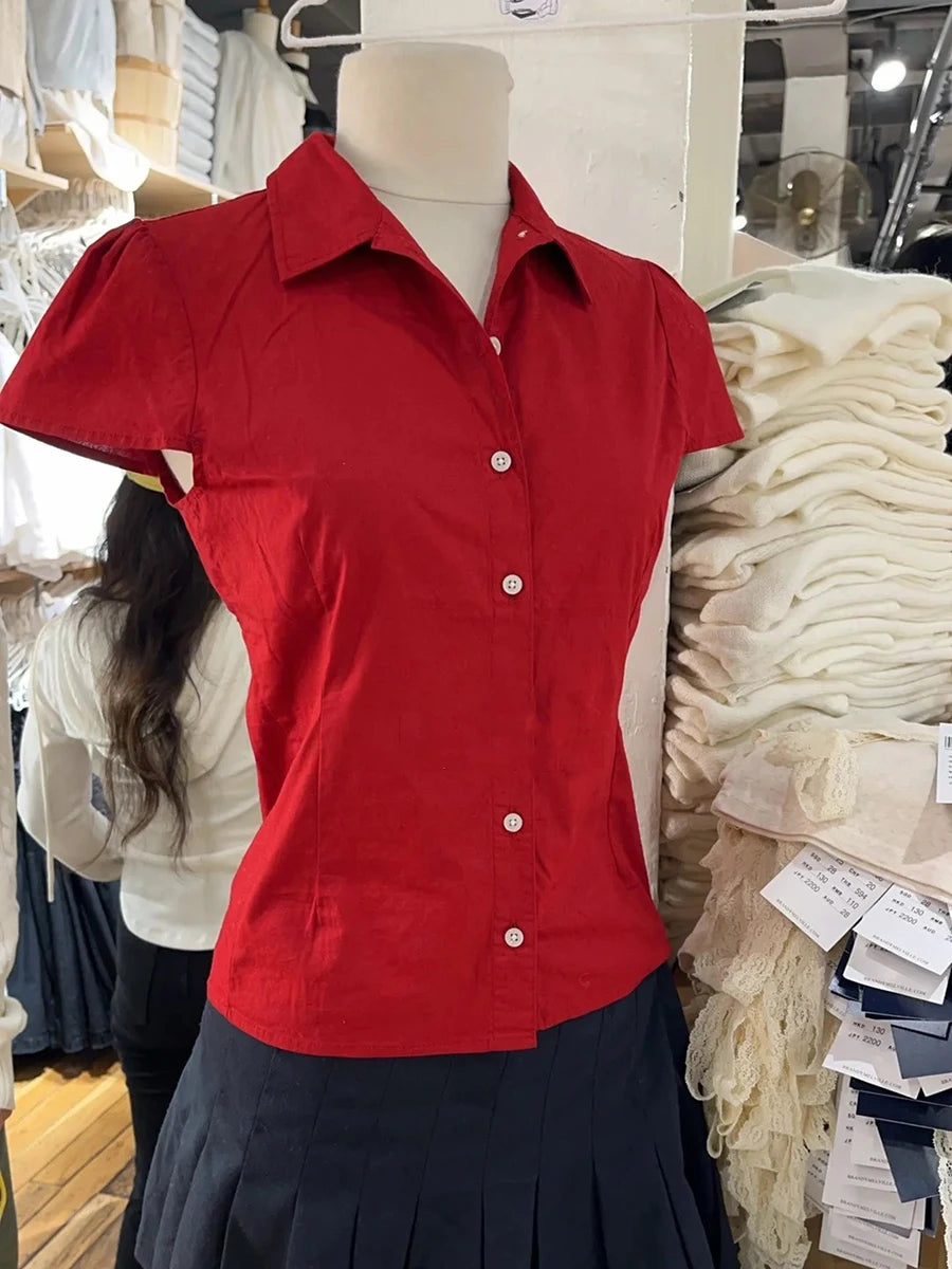 Blue Striped Button Blouse Women Summer New Streetwear Casual Lapel Short Sleeve Tees Sweet Cute Preppy Style T-shirts Y2K Tops