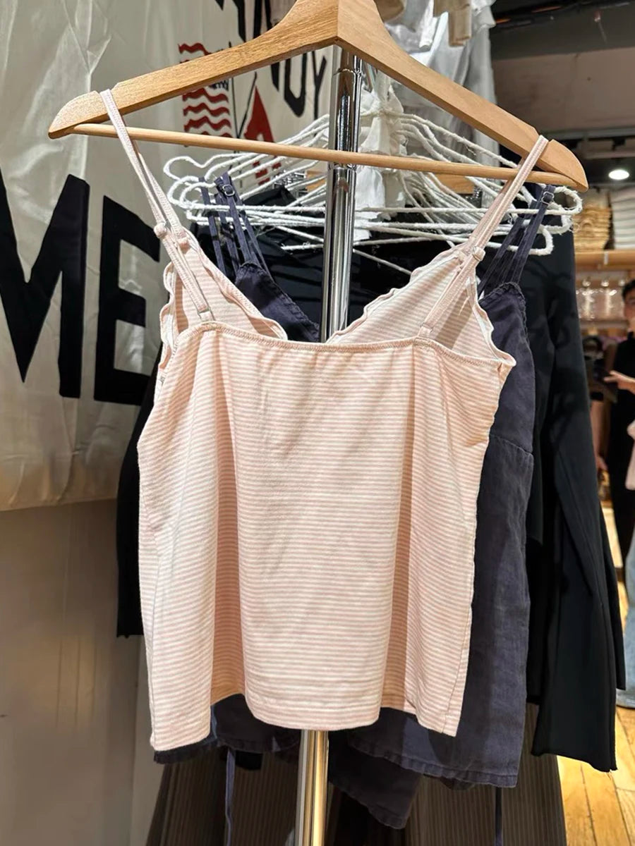 Ruffles Pink Striped Tank Tops Women Summer New Cotton V-neck Sleeveless Slim Cropped Camisole Sweet Preppy Style Y2K Crop Top