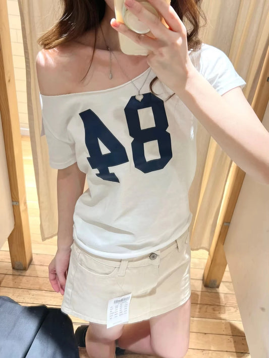 84 Print White Crop Top for Woman Summer Chic Slash Neck Raw Hem Cotton T-shirts Female Fashion Streetwear Short Tee Tops y2k