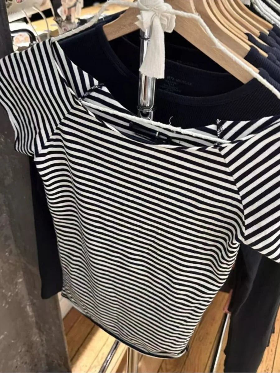 Slash Neck Navy Striped T-shirt Women Summer Raw Hem Slim Cotton Short Sleeve Tees Female Vintage Chic Tshirt Y2K Tops New
