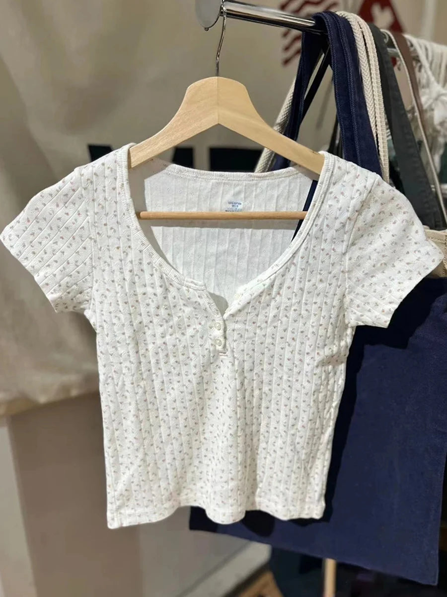 White Eyelet Buttons Slim T-shirts Women New Casual Pink Floral O-neck Short Sleeve Tees Sweet Preppy Style Cute Crop Tops Y2K