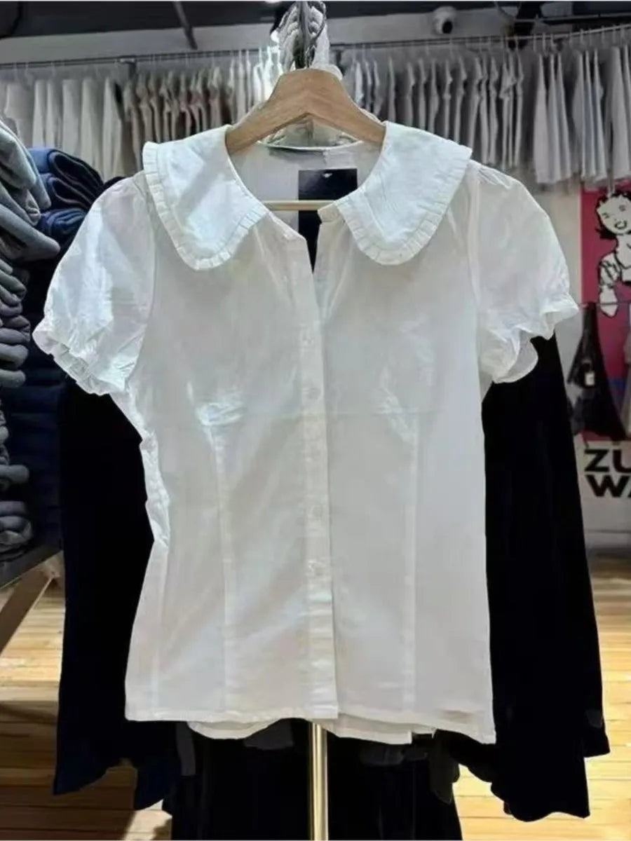 Cute Pink Plaid Peter Pan Collar Blouse Women New Casual Streetwear Buttons Short Sleeve Tee Sweet Preppy Style T-shirts Y2K Top