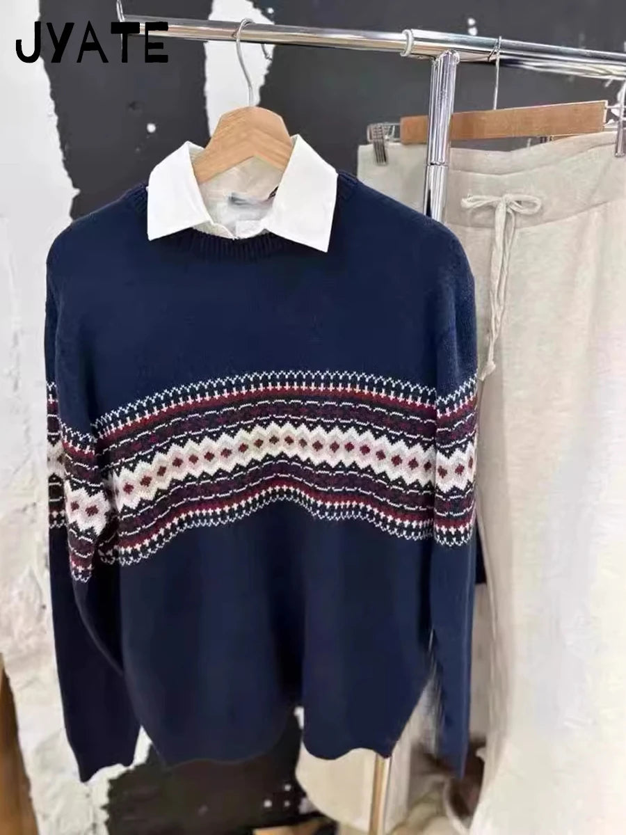 Fashion American Geometric Patchwork Knitted Pullover Tops Women Cotton Warm Loose Casual Jumper Vintage  Chic Y2K Sweaters New