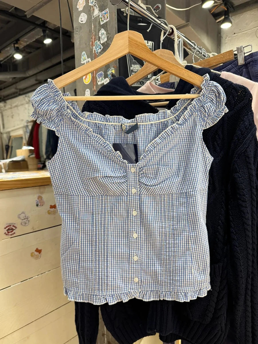 Ruffles Puff Sleeve T-shirt Short Set Women Blue Plaid Buttons Slim Tees+Straight Sweatshorts Sweet Home Pajama 2 Piece Sets Y2K