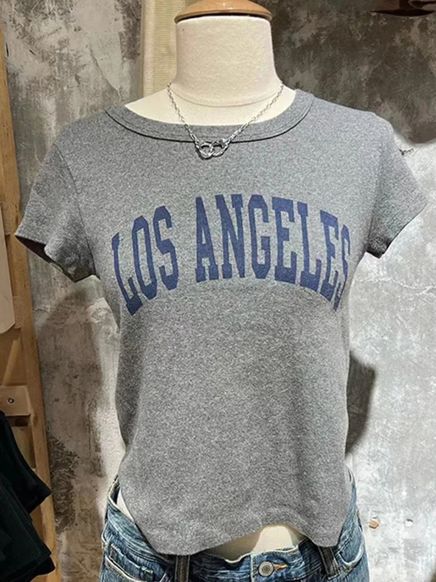 Vintage Basic Letter Print Cotton Crop Tops Women Summer O-neck Simple Gray Short Sleeve Tees Female Harajuku Chic Y2K T-shirts