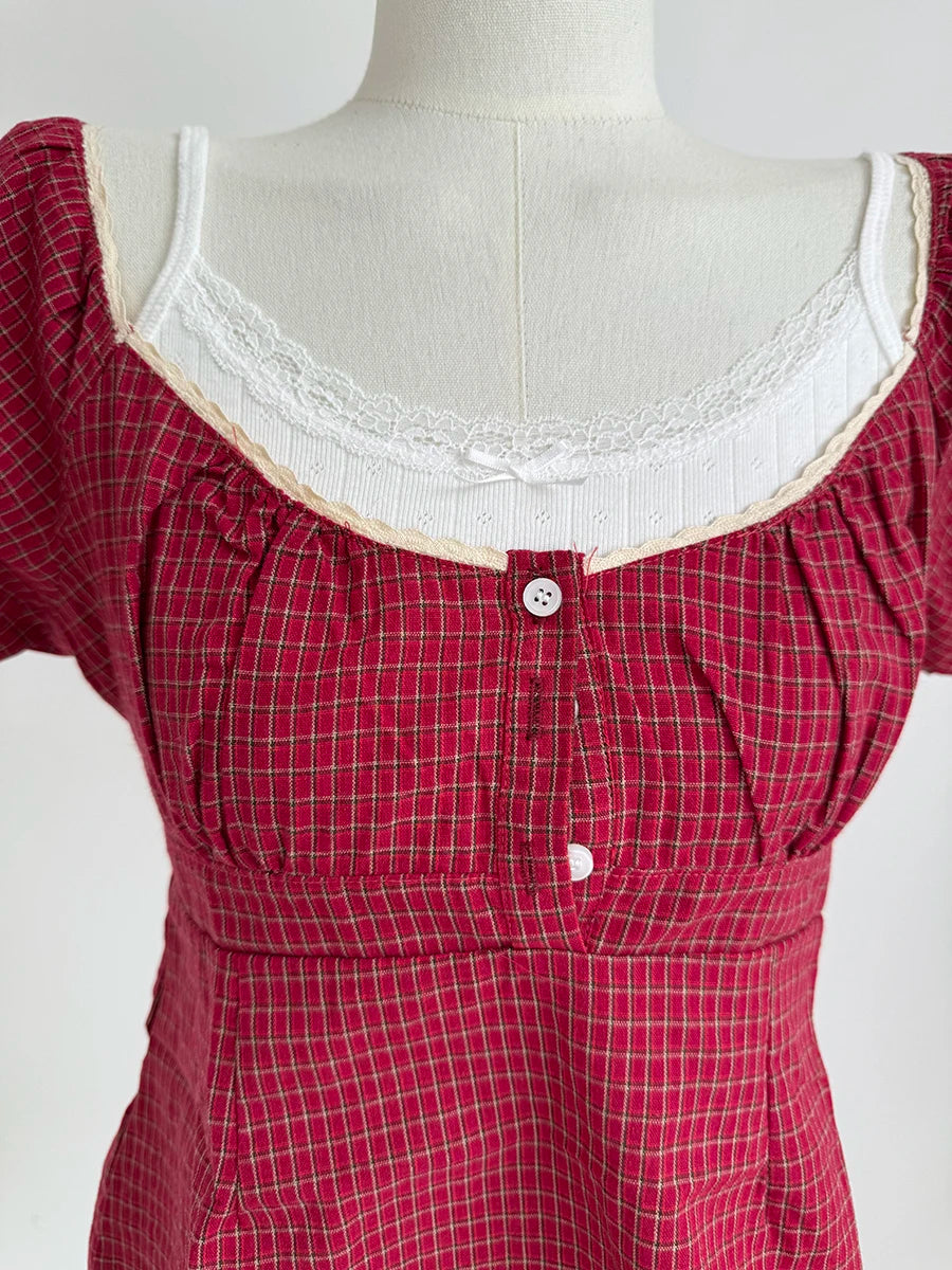 Sweet Red Plaid T-shirt Shorts 2 Piece Sets Women New Lace Trim Buttons Tees+ Casual Straight Sweatshorts Cute Casual Home Set